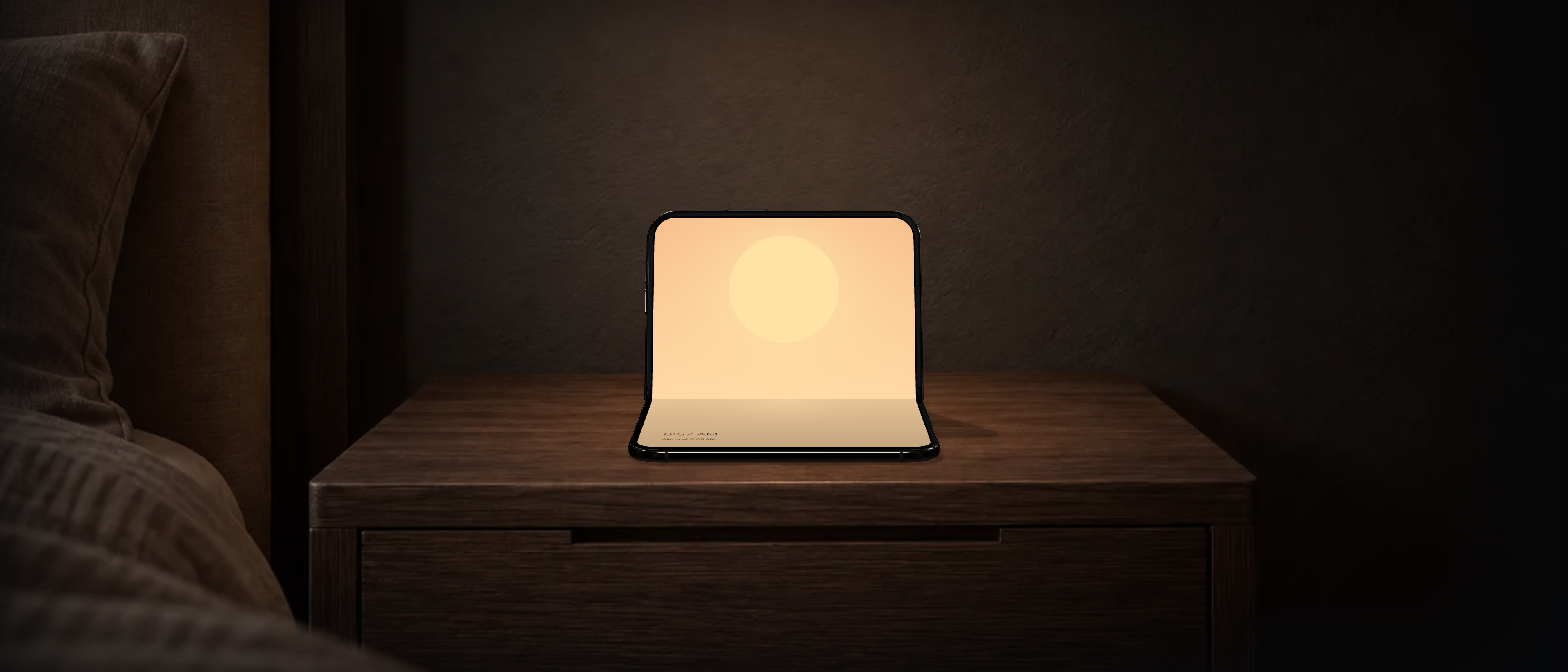 DawnDuo on a half-open iPhone Duo, rendered bedside scene