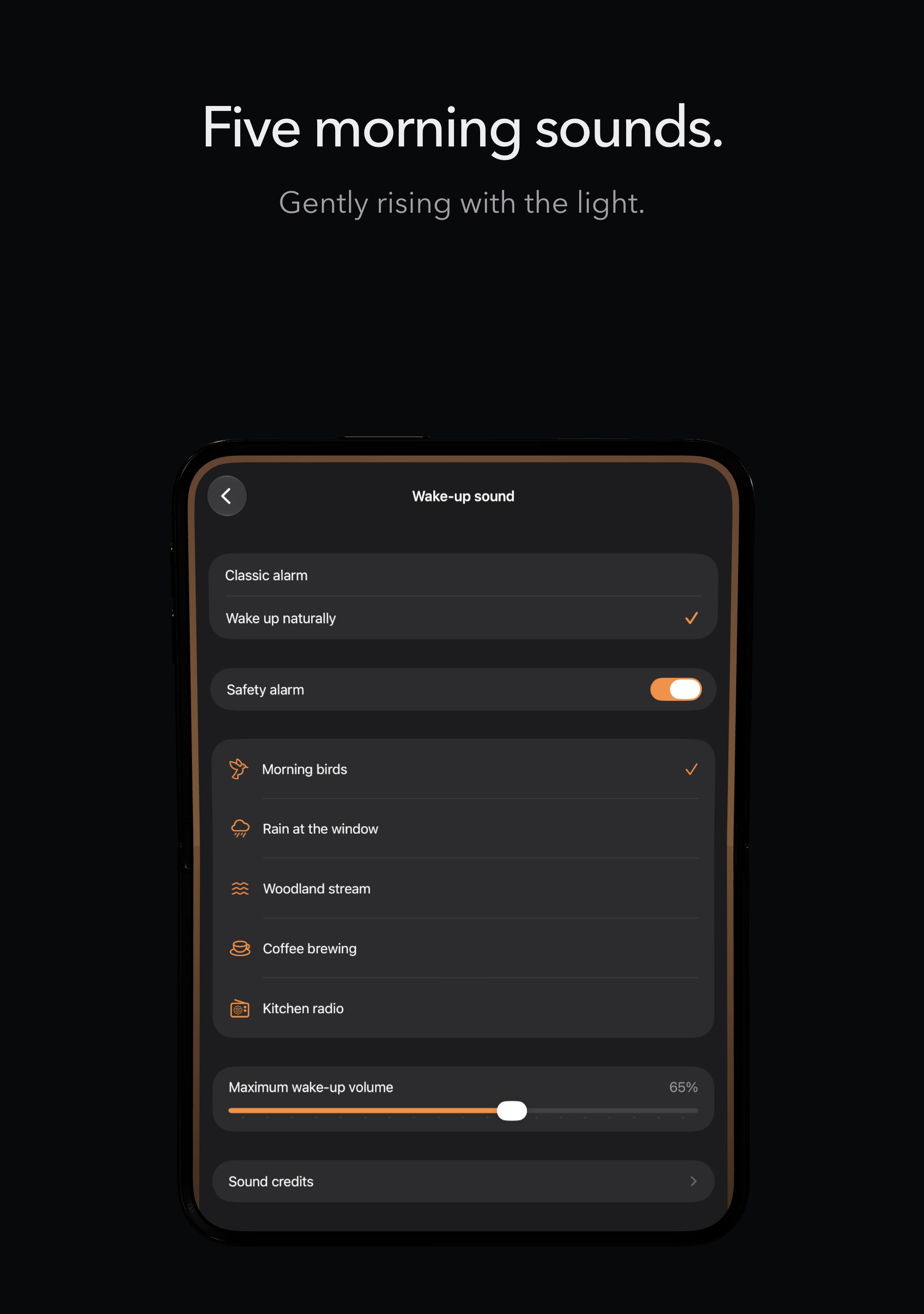 Choose a natural wake-up sound in the native settings view.
